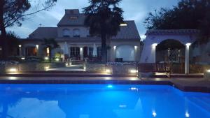 香槟沙隆Le Mas Champenois的夜间在房子前面的游泳池