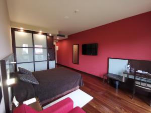 波多诺伏皇家纳耶夫酒店的一间卧室设有红色的墙壁、一张床和一台电视机
