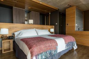 卡斯特鲁Enjoy Chiloé的一间卧室配有一张大床和木制床头板
