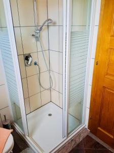 布罗达里卡Apartments Home & Garden Lavanda的浴室里设有玻璃门淋浴