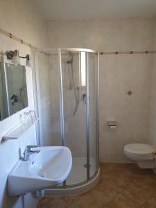 圣莱奥纳尔多因帕西里亚Pension Gasthof Haselstaude的带淋浴、盥洗盆和卫生间的浴室
