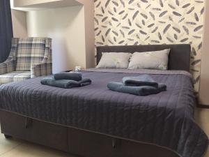 基辅Westend Hotel Kyiv的床上铺有蓝色枕头的床