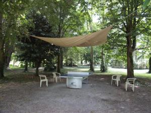 Plerguer特里-洛吉度假屋的公园内野餐桌上的吊床