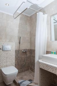 奥林匹亚基·阿克蒂Ammos Beach Seaside Luxury Suites Hotel的带淋浴、卫生间和盥洗盆的浴室