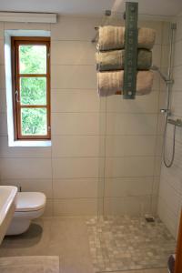 KluisKleine Auszeit的带淋浴、卫生间和毛巾的浴室