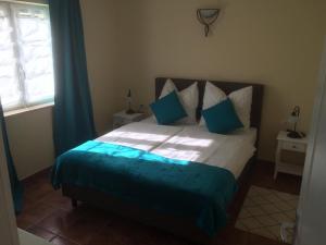 波雷奇Antonio Solimar Apartments的一间卧室配有一张带蓝色枕头的床和一扇窗户。