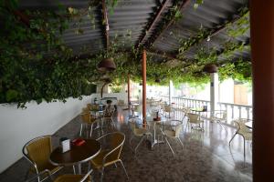 圣埃乌拉利亚萨罗塔旅馆的一间设有桌椅的餐厅,种植了植物