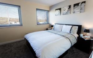 特雷杜尔Valley Lodge的卧室配有一张白色大床和两个窗户