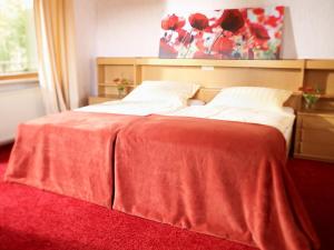 巴特埃姆斯冬博格酒店的一间卧室配有一张床铺,床上铺有红色毯子