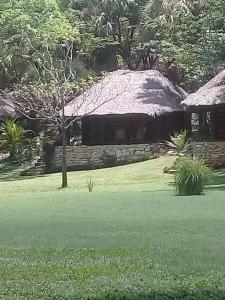 塔马索波Cabañas Sierraverde Huasteca Potosina的一块石头建筑,在田野上有一个草屋顶