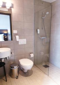 海宁格松Banken Hotel的带淋浴、卫生间和盥洗盆的浴室