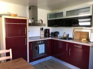萨加尔德Alte Schmiede Sagard的厨房配有红色橱柜和炉灶烤箱