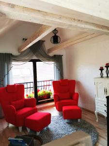 派尔努Kuninga 24 Apartment的客厅设有红色椅子和窗户