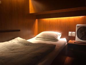 拉巴斯Onkel Inn Airport Sleepbox的一间卧室配有一张带风扇和枕头的床。