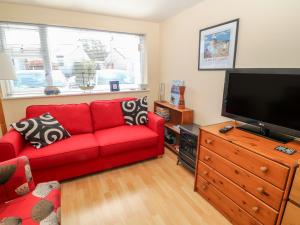 普尔赫利Lliwedd的客厅配有红色沙发和平面电视