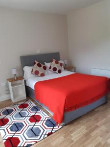 杜林Shannon's House的一间卧室配有一张带红色毯子和地毯的床。