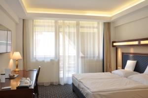 德布勒森森特鲁姆酒店的配有一张床、一张书桌和一扇窗户的酒店客房