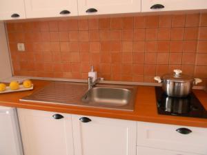 科帕罗Villa Kostandin的厨房配有水槽和炉灶上的锅