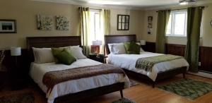 特里尼蒂Trinity Guest House的一间卧室设有两张床和两个窗户。