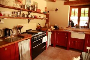 福梅尔La Grange dans la Foret的厨房配有红色橱柜和炉灶烤箱
