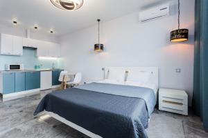 基辅Апартаменти Герцена 35的一间带蓝色床的卧室和一间厨房