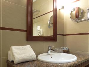 德布勒森森特鲁姆酒店的一间带水槽和镜子的浴室