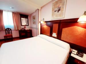 萨拉曼卡Hosteria Sara by gaiarooms的酒店客房,配有一张带木制床头板的床
