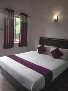 蒙纳Landy Queen的一张铺有紫色和白色床单的床和一个窗口