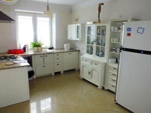 克雷尼察Dom Tulipan的厨房配有白色橱柜和白色冰箱。