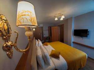 地拉那Albanopolis Hotel的一间卧室配有一张带灯具的床和一台电视
