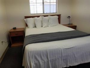 瓦莱068C Cozy Studio Grand Canyon South Rim Sleeps-2的一间卧室配有一张带白色床单的床和一扇窗户。