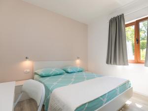 维斯尼安Apartment Stefano - free wine&spirit tasting的一间卧室配有一张床、一张书桌和一个窗户。