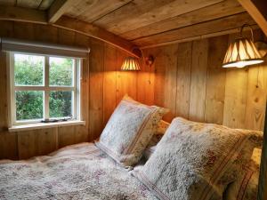 博利厄The Wayside Shepherd Hut的一间卧室配有带两个枕头的床和窗户