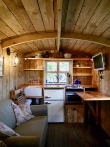 博利厄The Wayside Shepherd Hut的一间小房子里的厨房,配有沙发