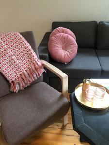 VikAuregarden - a rustique oasis just a blink away from town centre的客厅配有沙发和带枕头的桌子