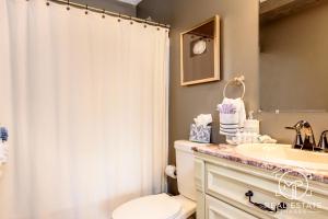 纽波特布沙尔餐厅&酒店的浴室配有淋浴帘、卫生间和盥洗盆。