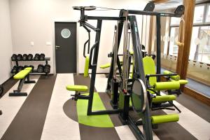 拉贝河畔乌斯季万图兹酒店的健身房设有绿色和黑色跑步机