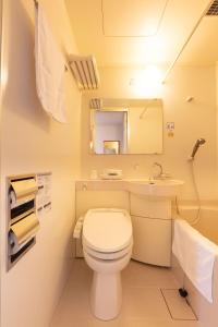 鸟栖市Sun Hotel Tosu Saga的一间带卫生间、水槽和镜子的浴室