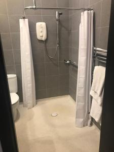 LoanheadAaron Glen Guest House的带淋浴、卫生间和浴帘的浴室