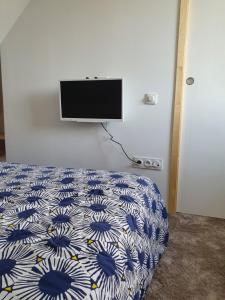 昂热Angers Green Lodge - Yellow Sun Appartement的卧室配有一张床铺,墙上配有电视