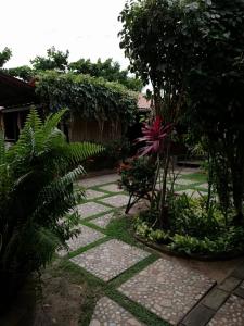 杰里科科拉Pousada do farol的花园设有种有树木和植物的石头人行道