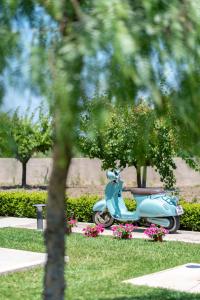 科斯镇Ta Spitakia的停在花丛中的公园里的蓝色摩托车