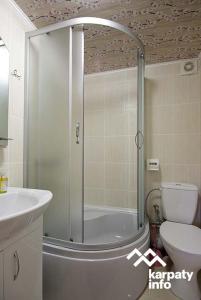 米库利钦микуличин на долоні的带淋浴、卫生间和盥洗盆的浴室