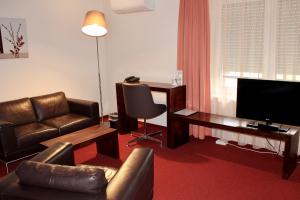达姆施塔特多纳斯伯格酒店的带沙发、书桌和电视的客厅