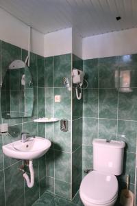 谢赫维蒂利Saba的绿色瓷砖浴室设有卫生间和水槽