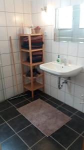斯塔德哈根Ferienwohnung Im Waldwinkel的一间带水槽、镜子和架子的浴室