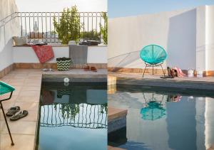 塞维利亚Feria Pool & Luxury的两张画面,一个游泳池旁边摆放着椅子
