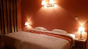 锡拉奥奥特罗萨酒店的卧室配有一张大床,墙上有两盏灯