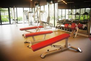努沙再也Malaysia Johor Medini Studio的健身房里装有几台红色跑步机
