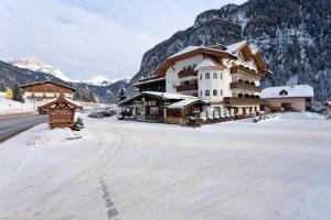 坎皮泰洛迪法萨天堂大酒店的小屋前有雪覆盖的道路